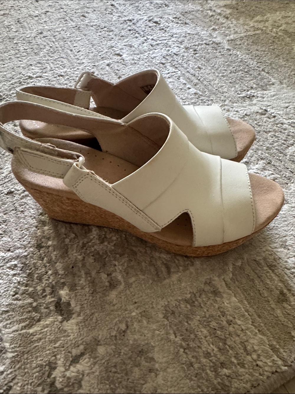 Clarks White Leather Cork Wedge Slingback Sandals